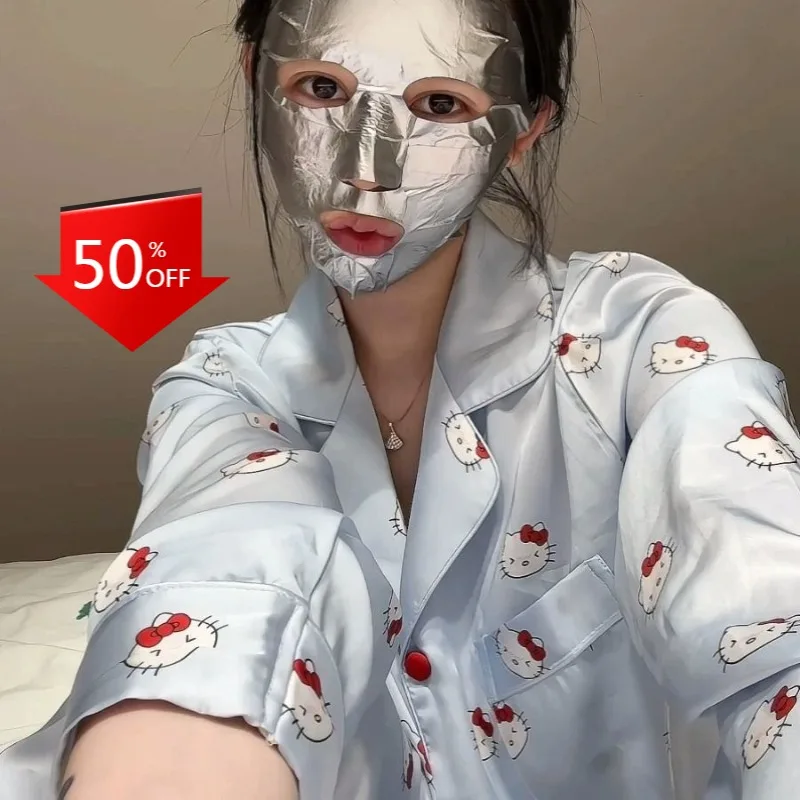 Милый пижамный комплект Hello Kitty с принтом из ледяного шелка длинными рукавами