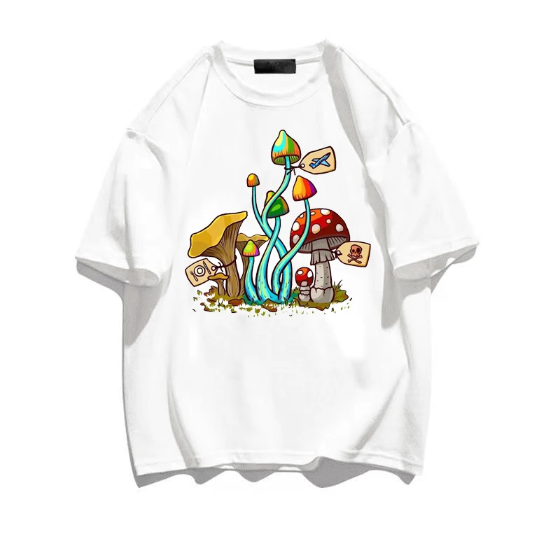 Funny Mushroom Print T-shirt Summer Cotton Men's and Women's Shirts O Neck Oversized High Quality Fashion Streetwear Tees