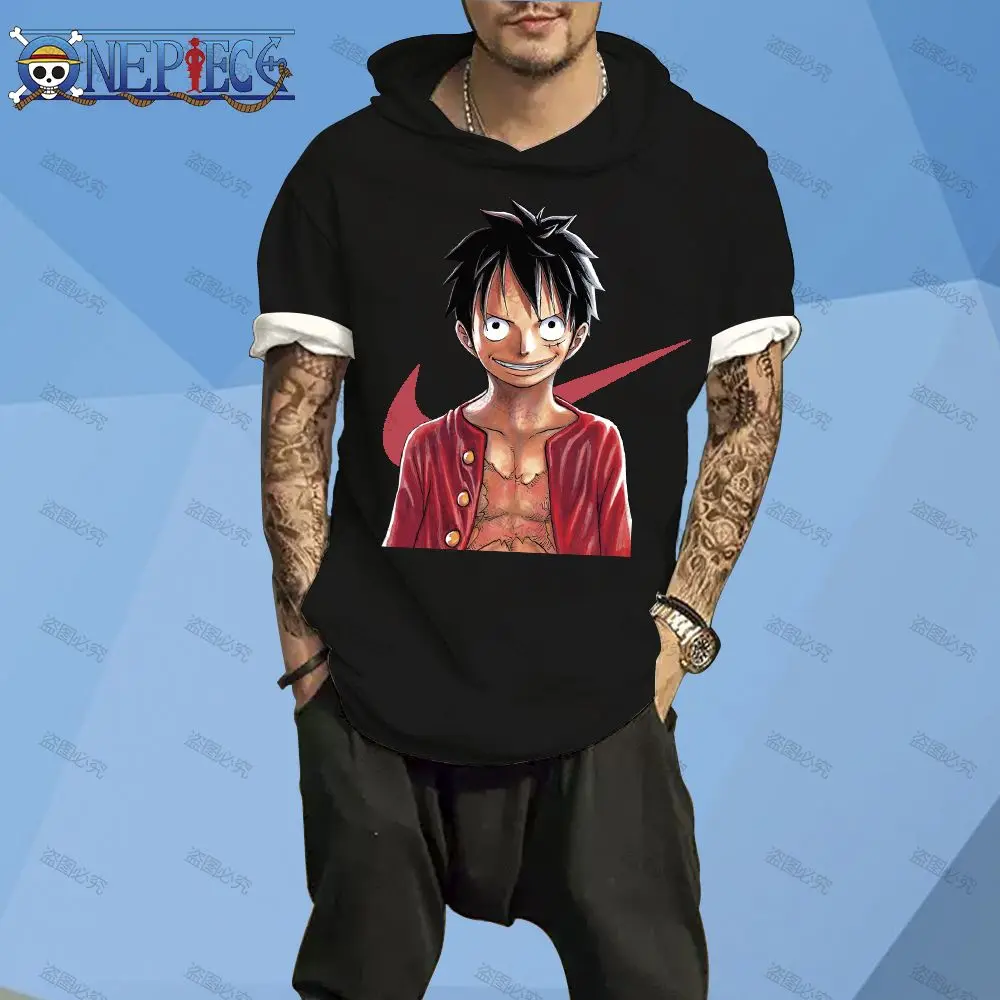 

T-shirts One Piece High Quality Men's Hooded T-Shirt New Short Sleeve Hip Hop Essentials Anime Monkey D Luffy Harajuku Style Y2k