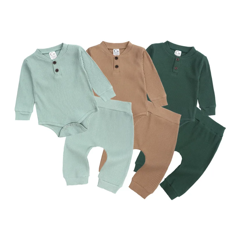 Newborn Baby Ribbed Romper Pants Set Infant Girls Boys Winter Long Sleeve Solid Bodysuits 0-24M Baby Clothing Set