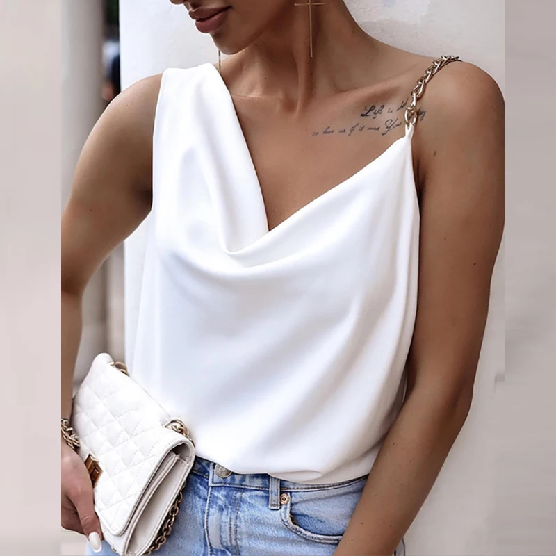 

Women Sleeveless Solid Loose Commute Blouse Tee Female Backless Summer Sexy Pullover Streetwear Fashion Chain Sling Shirts Tops