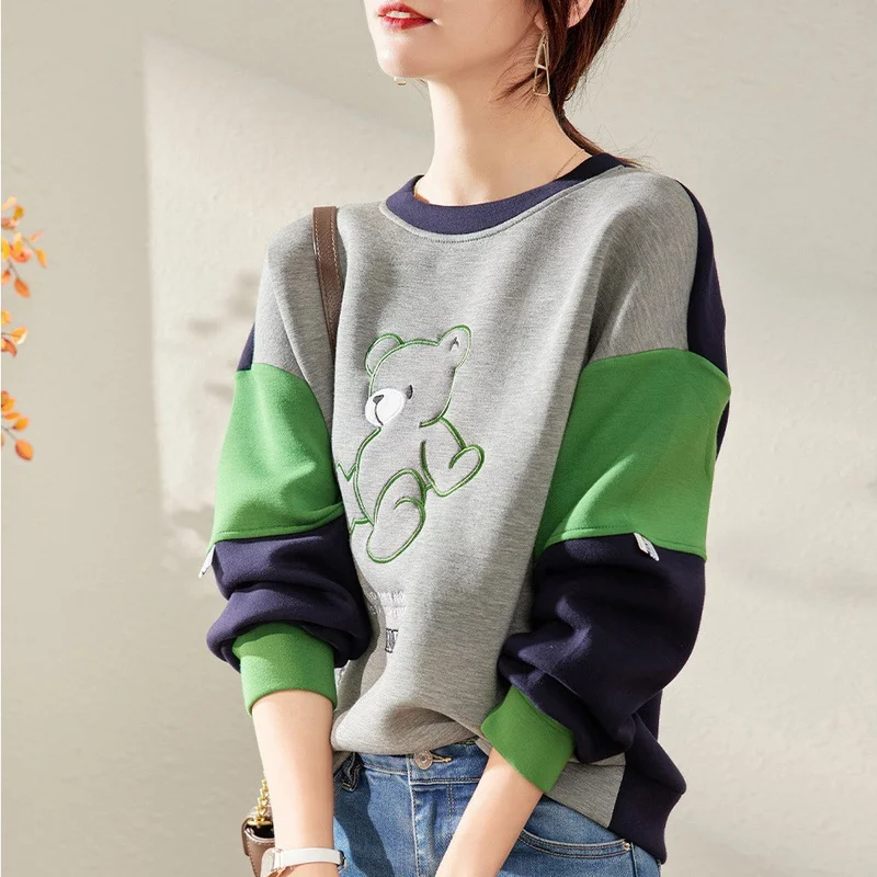 

New Baby Bear Printed Pullovers Women O-Neck Patchwork Sleeve Loose Casual Sweatshirts Spring Autumn Thin Tops Fashion Outwears