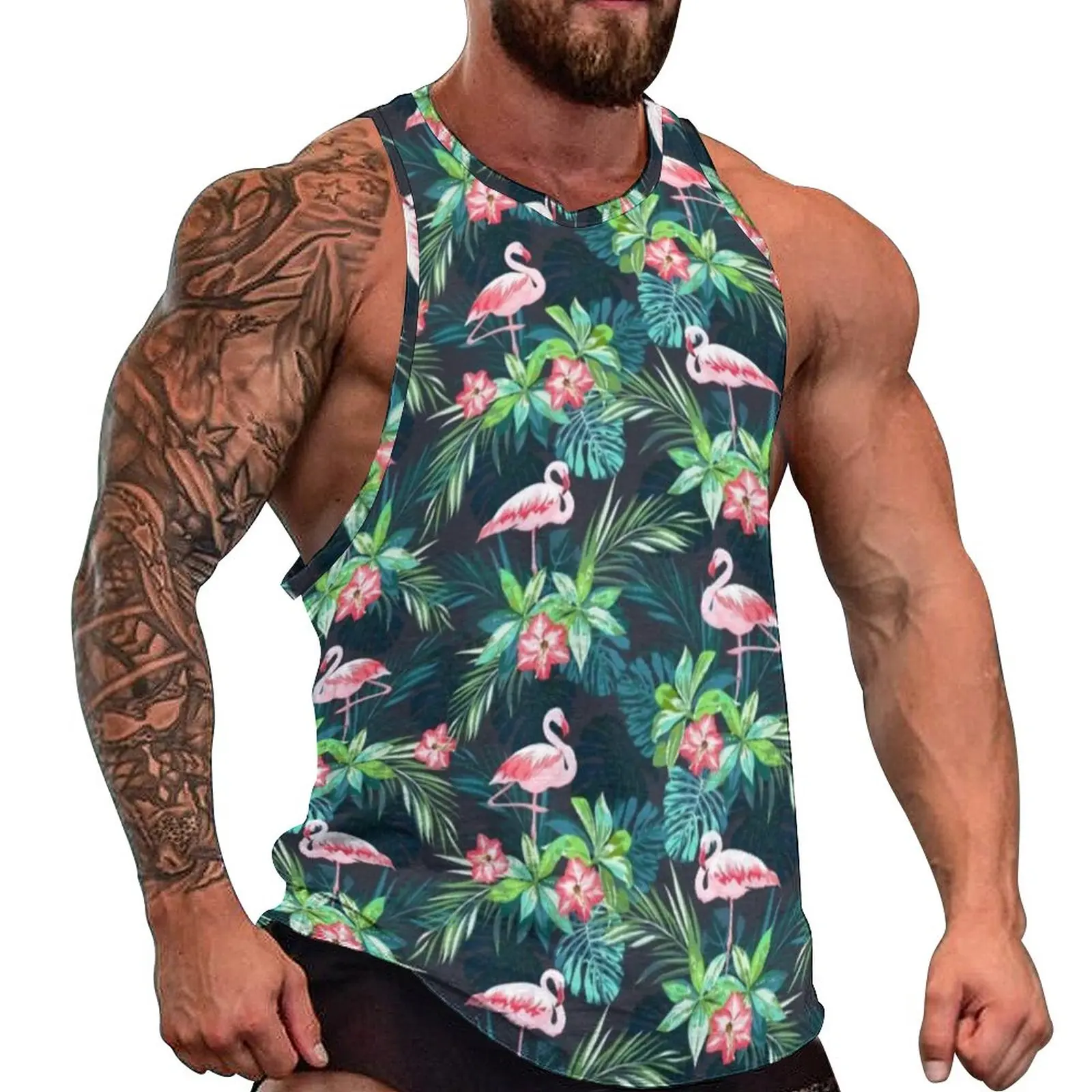 

Tropical Palm Leaves Design Tank Top Man's Bright Flamingos Workout Oversized Tops Summer Cool Pattern Sleeveless Shirts
