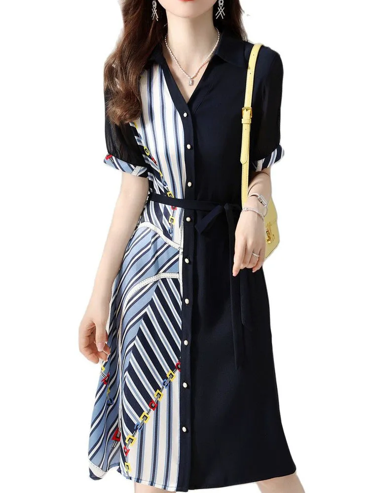 

Summer Dresses Ladies 2023 Bandage Chic Elegant Premium Comfort Midi Striped Patchwork Printed Office Casual Shirt Dress