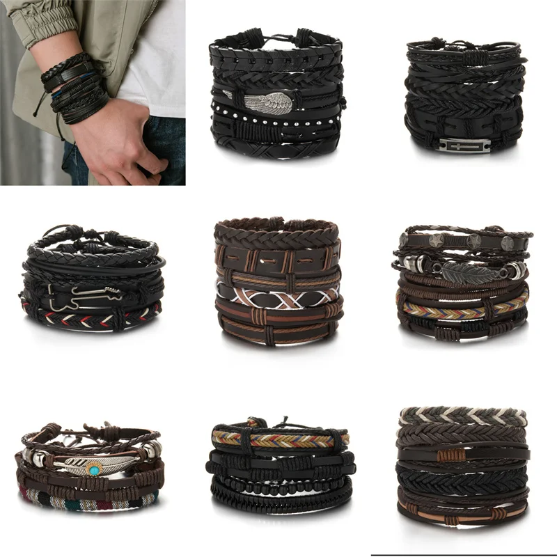 

2022 New Handmade Energy Braided Bracelet Men's Winding Cross Casual Strap Leather Combination Hand Jewelry Set Wholesale