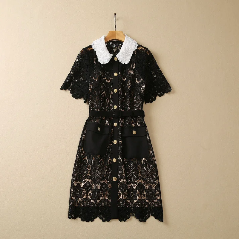 European and American women's clothes 2023 summer new Doll collar short sleeves Belt Hollowed out Water Soluble Flower Dress