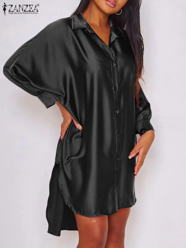 

ZANZEA Fashion Casual Loose Satin Club Vestidos Women Summer Spring Dress Full Sleeve Lapel Neck Asymmetrical Hem Shirt Dresses