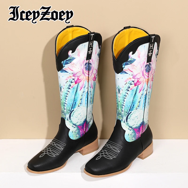 

IceyZoey Size 34-43 Long Boots 2022 New Winter Shoes Mixed Color Flower Fashion Women Boots Daily Stylish Female Footwear