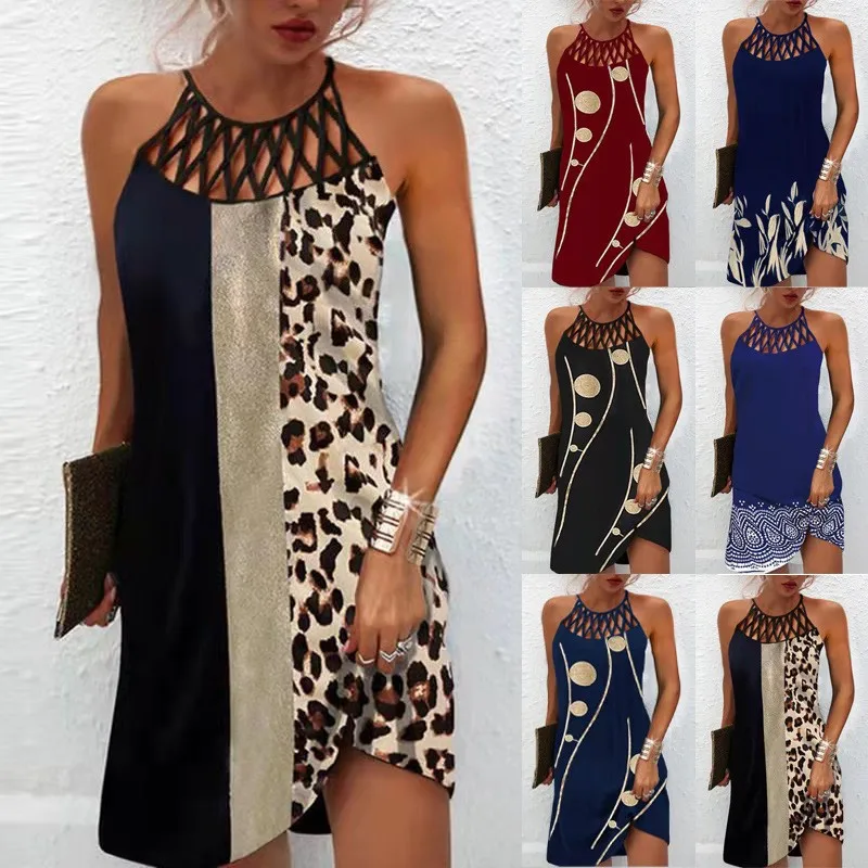 

Retro Print Sleeveless Casual Dress for Women Summer 2023 Fashion New Bohemian Style Sexy Hollow Out High Waist Short Dresses