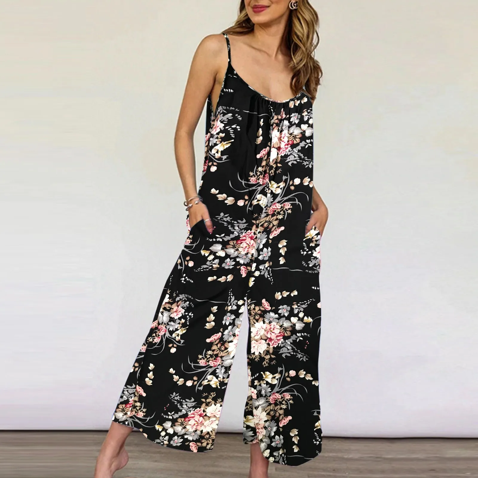 

Women Summer Jumpsuit Vintage Floral Print Pocket Jumpsuit Casual Loose Sleeveless Beach Wide Leg Pants Playsuit Daily Rompers