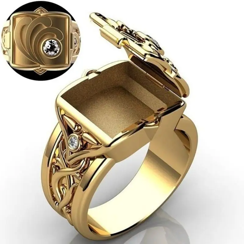 HOYON Hip Hop Punk 18K Yellow Gold Color Men's Ring Box Flip Cover Can Put Fragrance Party Rings all 1 for free shipping