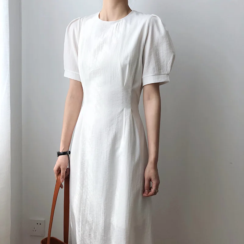 

Vintage Chic Office Lady O-neck Short Sleeve Solid Long Dress Elegant Women Empire Slim A-line Dress Sash Tie Up Dress