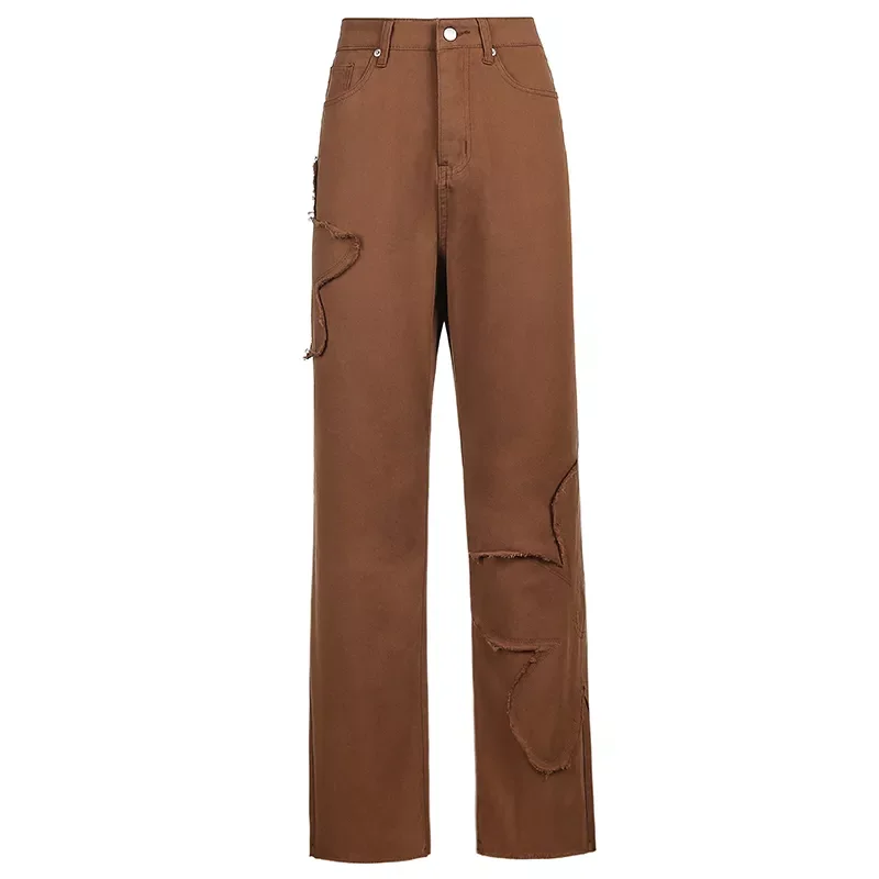 

New2022 Brown Korean Vintage Straight Jeans Women Patched High Waisted Baggy Cotton Wide Leg Slim Cargo Pants Denim Trousers New