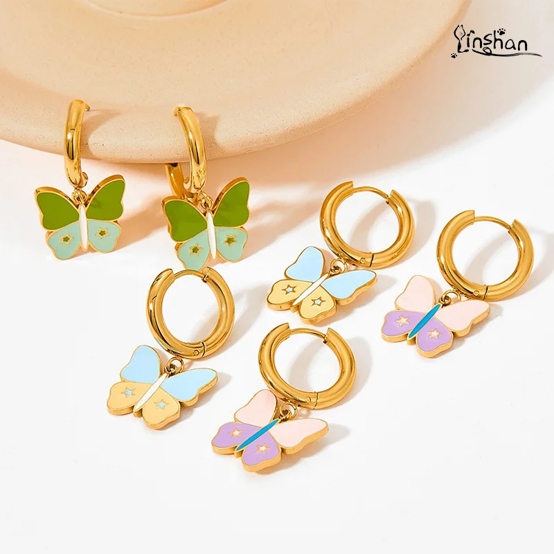 

Lin Shan Cream Butterfly Ear Buckle Female Cute Girl Colorful Dripping Oil Butterfly Element Stainless Steel Earrings Wholesale