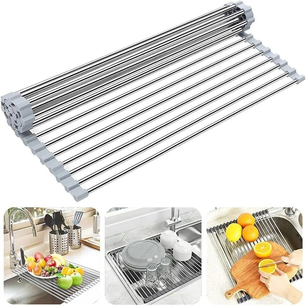 

Stainless Steel Folding Dish Drainer Drying Rack Over Sink Roll Up Drainers Multipurpose Storage Organizer Holder Tray Kitchen