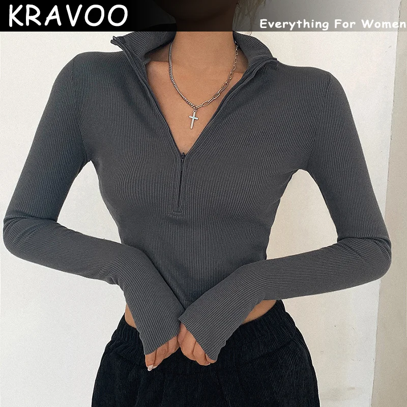 

KRAVOO Solid Color Casual T-shirt Women Long Sleeves Turtleneck Crop Tops Sexy Simple Style Party Club 2023 Spring Summer New