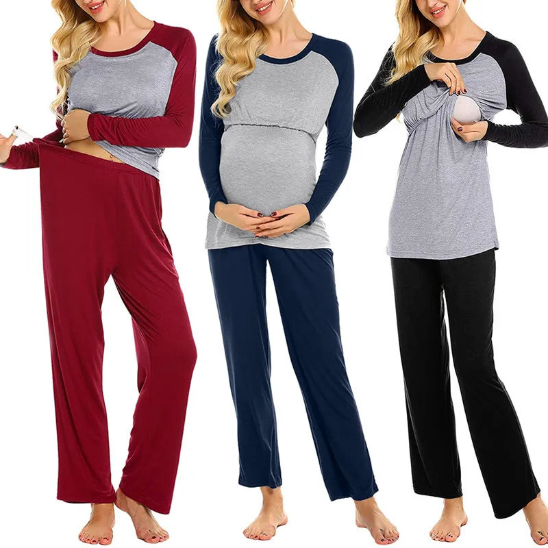 

Women Nursing Pajamas Set Pregnancy Clothes Contrast Color Maternity Tops Pants 2pcs/set Sleep Lounge Clothing Sleepwear