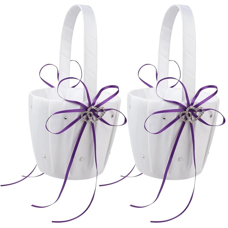

2X Double Heart Wedding Flower Girl Basket White Satin Rhinestone Decor Purple Wedding Party Favor