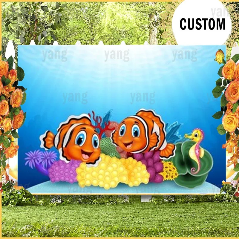 Photo Studio Props Vinyl Photography Backdrop For Kids Birthday Party Cartoon Clown Fish And Seahorse With Underwater Landscape