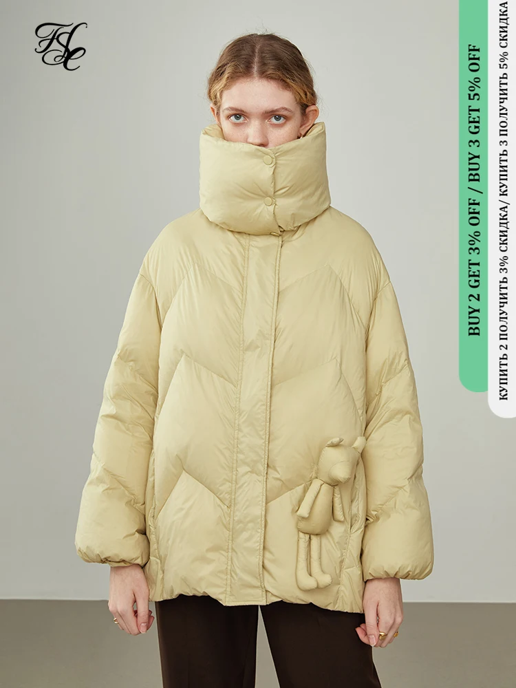 

FSLE Women's Three-proof Large Stand-up Collar Bear Collage Decoration Bread Down Jacket Winter New Warm Yellow Down Coats
