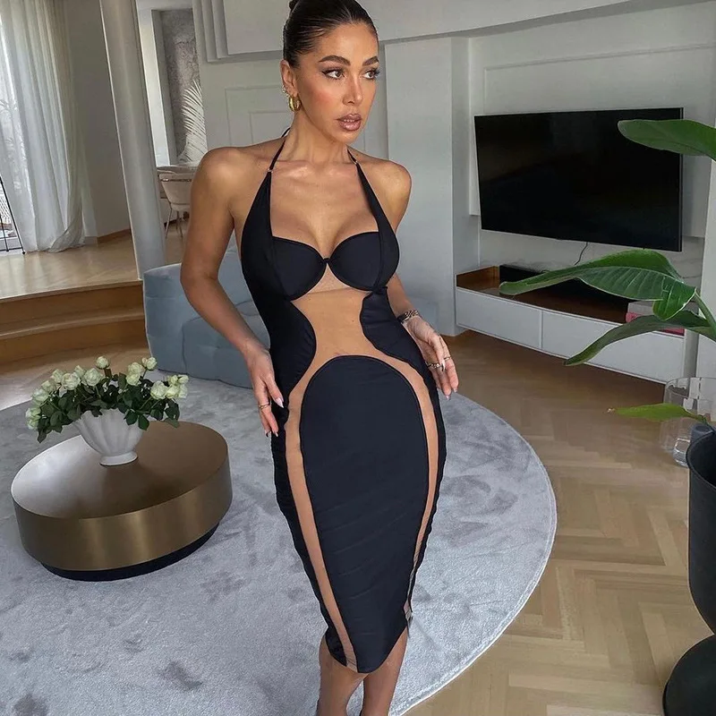 

European And American-Style Women's Clothing2022New Spring Fashion Stitching Sexy Lace-up Backless Slim Dress for Women