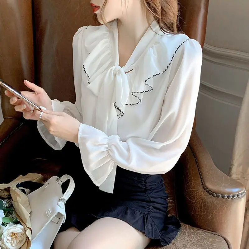 

Elegant Solid Bow Chiffon Shirts Tops Spring Summer Flared Sleeve V Neck Loose Plus Size Blouses Vintage Fashion Women Clothing