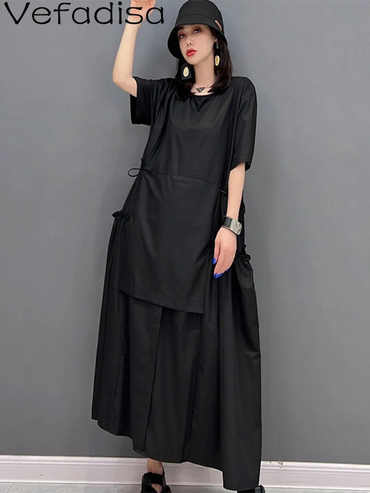 Vefadisa Women Elastic Waist A-line Dress Loose Mid-length Age Reduction Solid Color Short Sleeve Dress 2023 Summer LHX1433