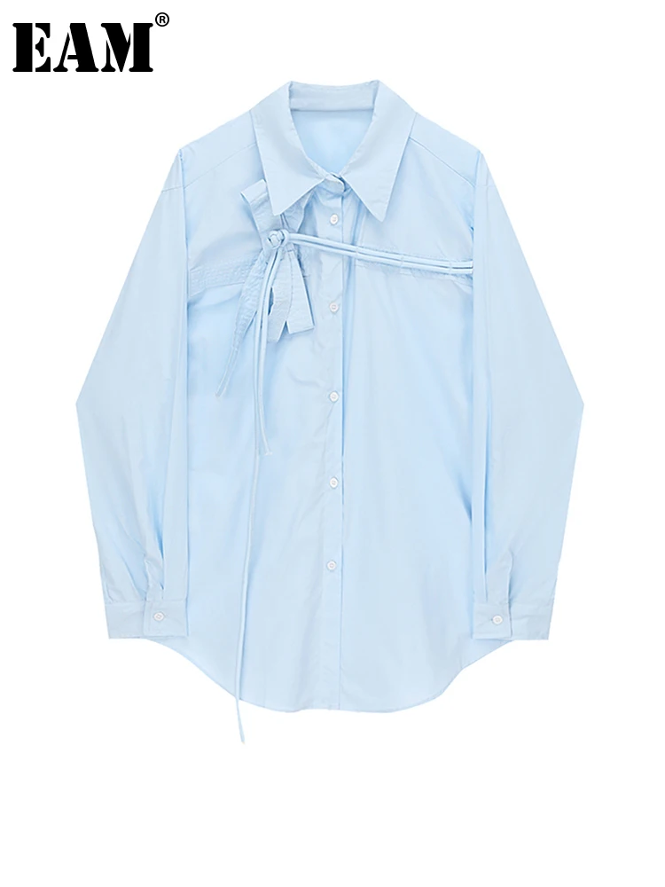 

[EAM] Women Blue Bow Buckle Big Size Blouse New Lapel Long Sleeve Loose Fit Shirt Fashion Tide Spring Autumn 2022 1DE7348