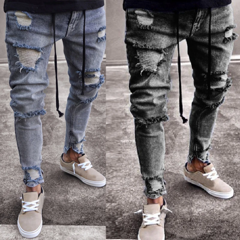 

Men's Jeans New Fashion Skinny Feet Jeans Ripe Hole Washed Retro Hole Zipper Jeans Pants Hip Hop Casual Male Long Pants Trousers