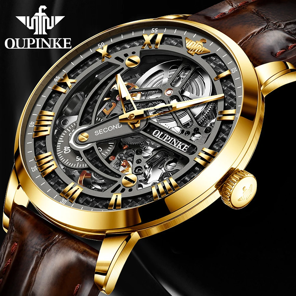 

OUPINKE TopBrand Luxury Automatic Watch for Men Mechanical Leather Strap Sapphire Mirror Skeleton Hollow Wristwatch Reloj Hombre