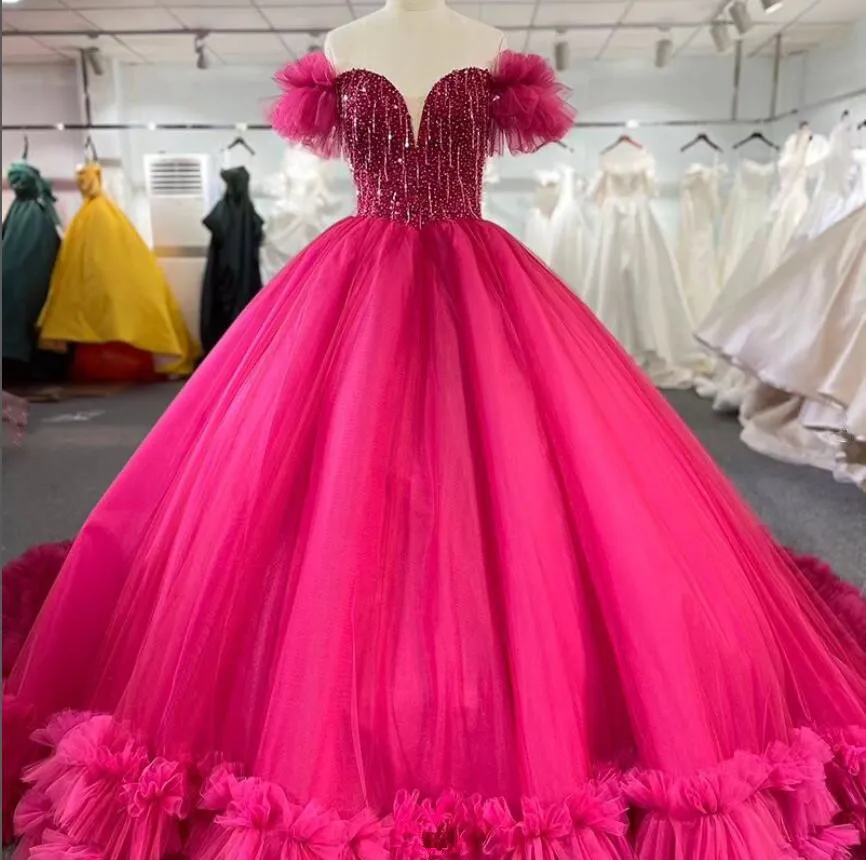 

Fuchsia Rose Pink Off Shoulder Quinceanera Dresses Beaded Tassel Chapel Train Corset Prom vestido de debutante 15 anos