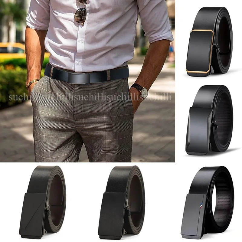 Fashion Men Belt PU Leather Metal Automatic Buckle Belts for Male High Quality Luxury Brand Waistbelts Work Business Black Strap