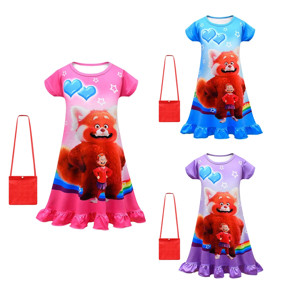 

2022 Disney Kids Summer Nightdress Turning Red Cartoon Print Ice Silk Girls Short Sleeve Dress Ruffle Dress