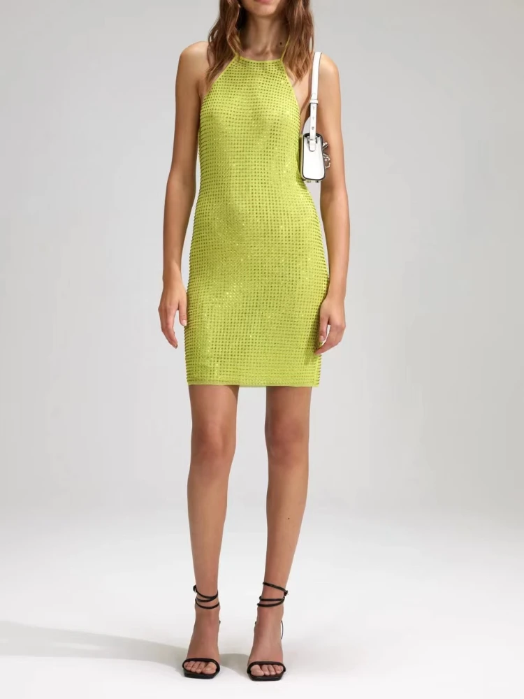 

2023 Top Quality New Summer Collection Light Green Diamonds Bodycon Mini Halter Dresses Women