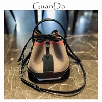 luxury womens bag high quality stripes canvas leather bucket bag with tag fashion new designer drawstring lady shoulder handbag