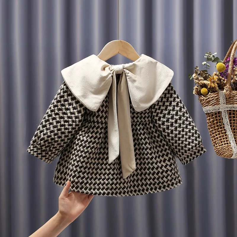 Новое цельное пальто для девочек с большим бантом на осень и зиму хлопковое