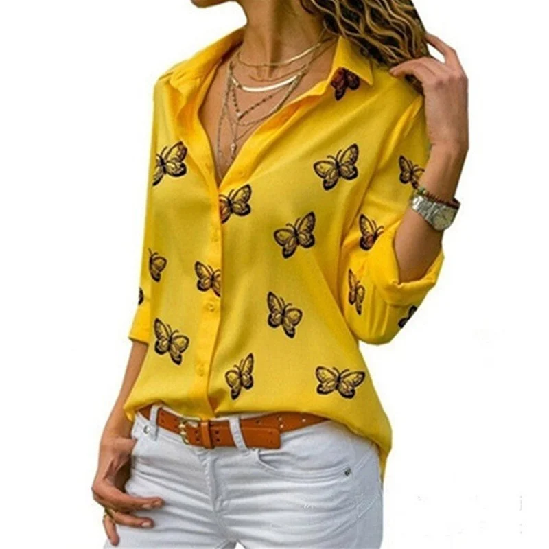 

Spring Summer Vintage Butterfly Print Blouse Women Office Lapel Button Up Chiffon Shirt Long Sleeve Casual Oversized Tops Blusas
