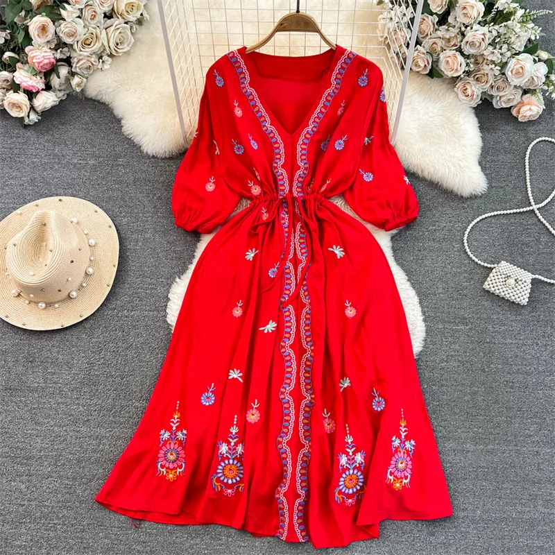 

Ethnic Style Flower Embroidery Dress Summer V-neck 3/4 Sleeve Drawstring Waist Lace-up Mid-length Women A-line Dresses Vestidos