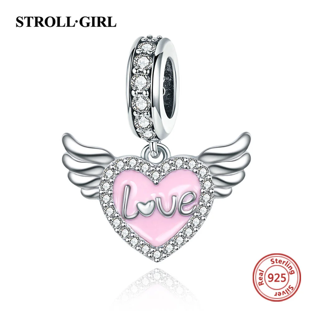 

Подвески из серебра 925 пробы Крылья Ангела розовые эмалевые Подвески в виде любящего сердца бусины подходят для европейского браслета для женщин Diy модные ювелирные изделия