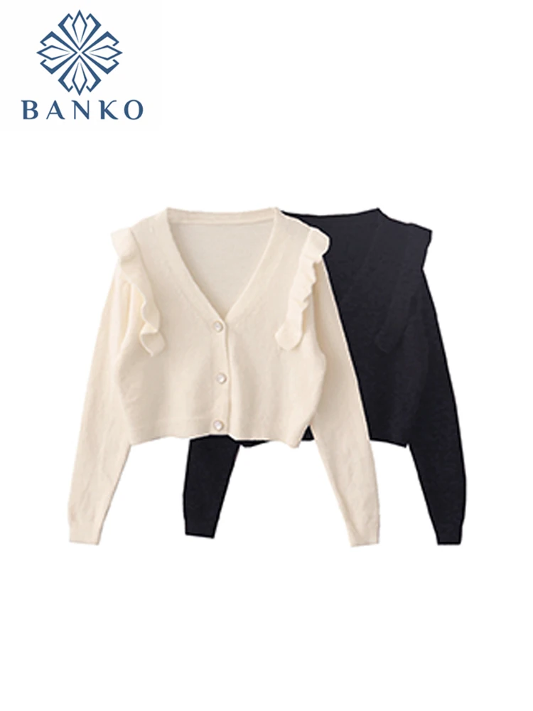 

Женский трикотажный кардиган с рюшами, однотонный вязаный мешковатый кардиган с V-образным вырезом и длинным рукавом, на пуговицах, в винтаж...