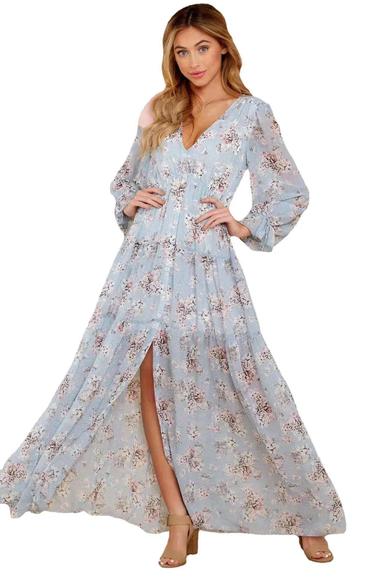 

Платье женское длинное с глубоким V-образным вырезом и разрезом