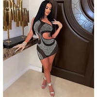 clothing 2022 summer sexy mesh nude crystal dress party nightclub cut out one shoulder hollow out bodycon clubwear dresses