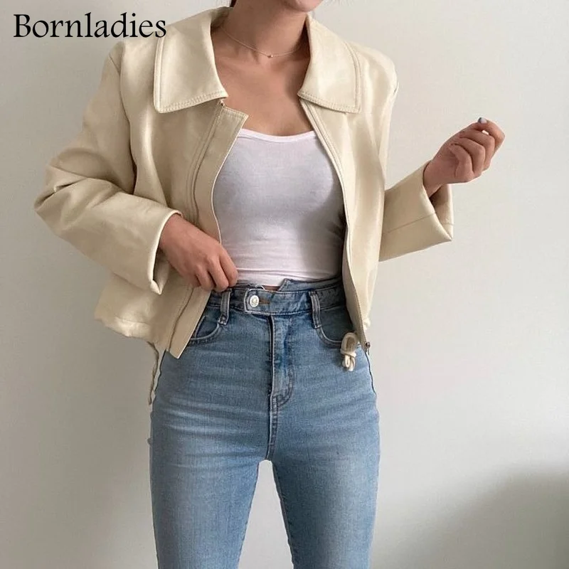 

Bornladies 2022 Spring PU Coat Retro High Street Turn-down Neck Women PU Leather Jacket Female Loose Short Faux Leather Jacket