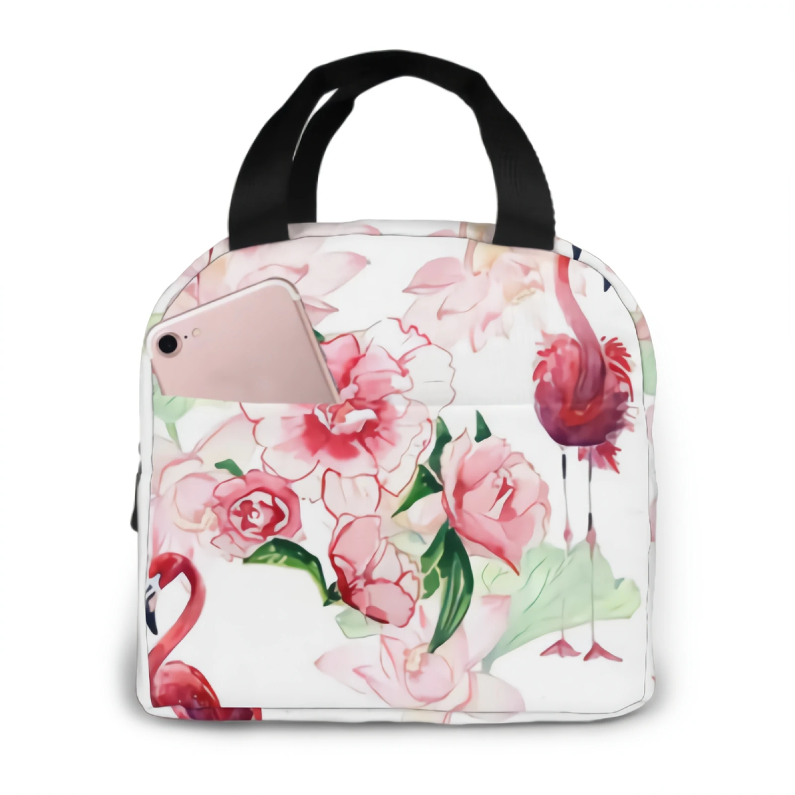 

Pattern With Flowers And Cute Flamingo Insulated Lunch Bag lunch box containers for Women Men Shopping Office，School，Picnic