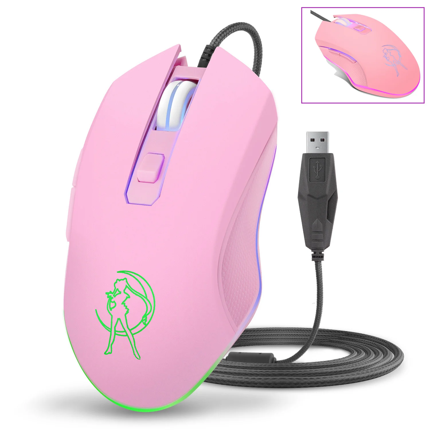 

Pink Wired Mouse LED Backlight Optical Gaming Mouse 6 Buttons Ergonomic Computer Mause 3200DPI Silent Mice For Laptop Girl Gifts