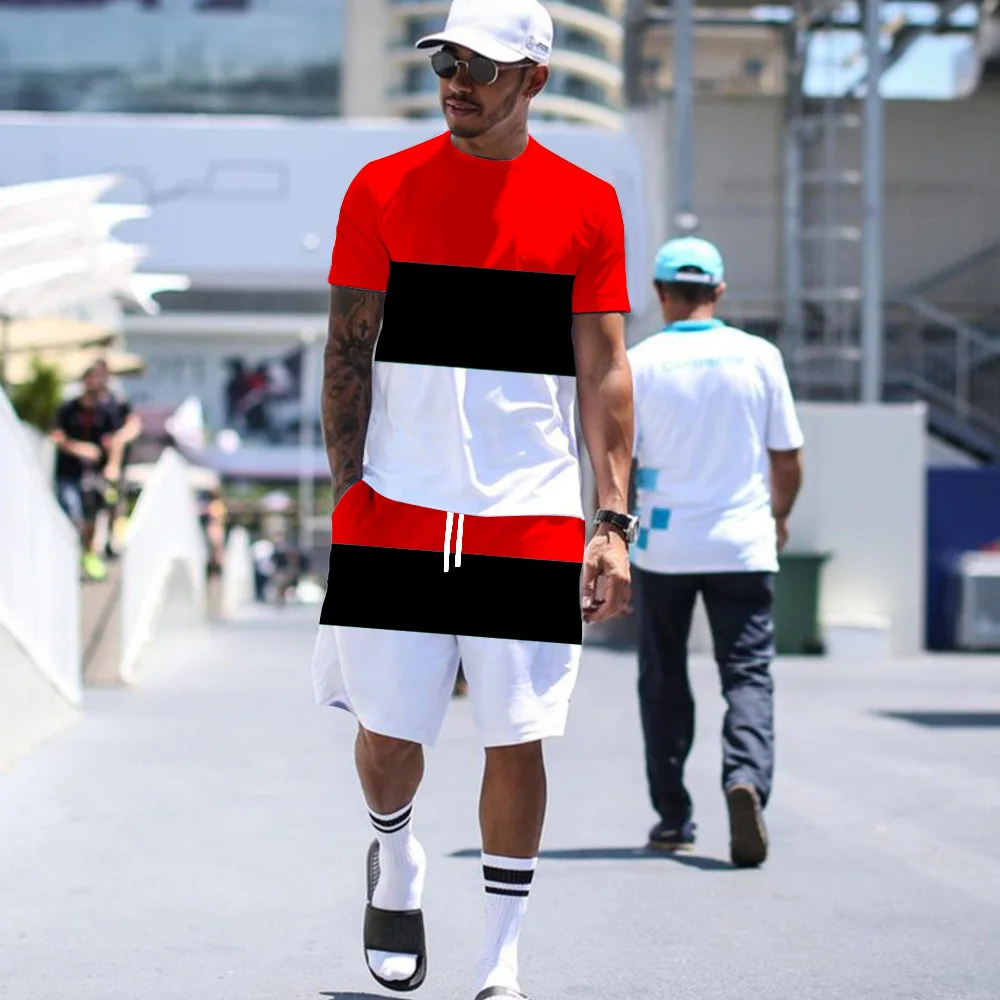 New Brand Men's 3D Printed Summer O Collar Sports Suit Oversized Popular Street Fashion Two-piece Breathable Short Sleeve Shorts