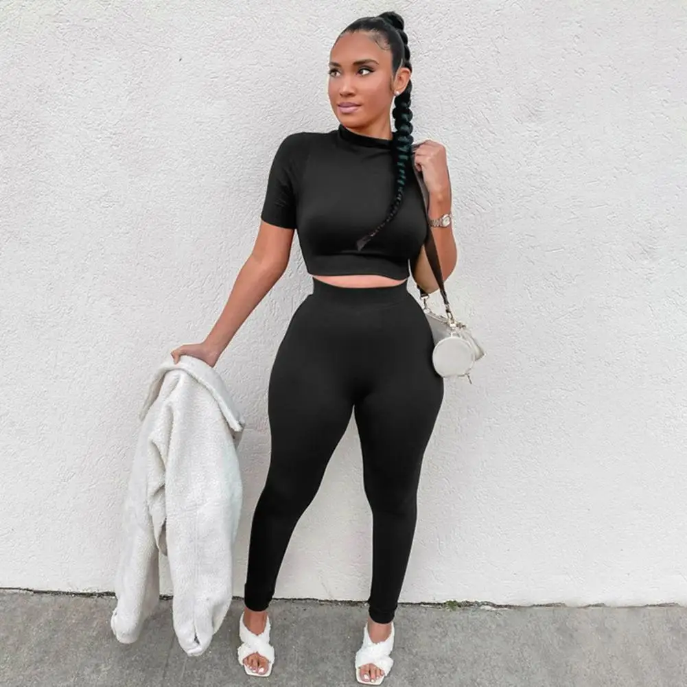 

Летний женский спортивный костюм, сексуальный однотонный облегающий короткий топ с коротким рукавом и брюки с высокой талией, женский кост...