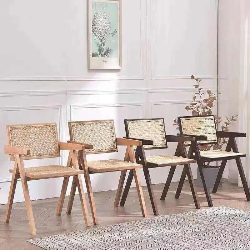 

Japanese Armrest Solid Wood Rattan Chair Home Dining Table Chair Balcony Rattan Chairs Stay Dessert Shop Dining Chair Back Chair