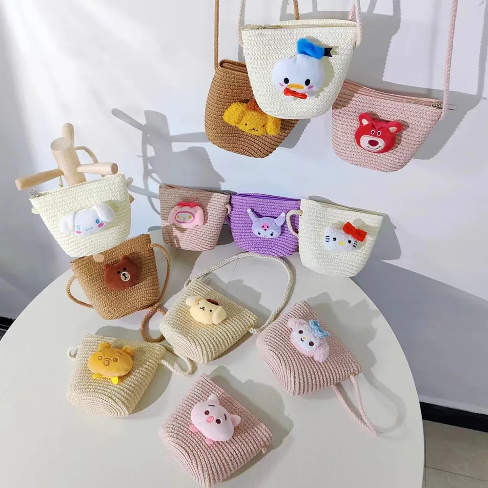 

Соломенные тканые сумки Sanrio ручной работы, мультяшный Плетеный детский саквояж на плечо в богемном стиле, Летняя Повседневная пляжная сумка-тоут для отпуска