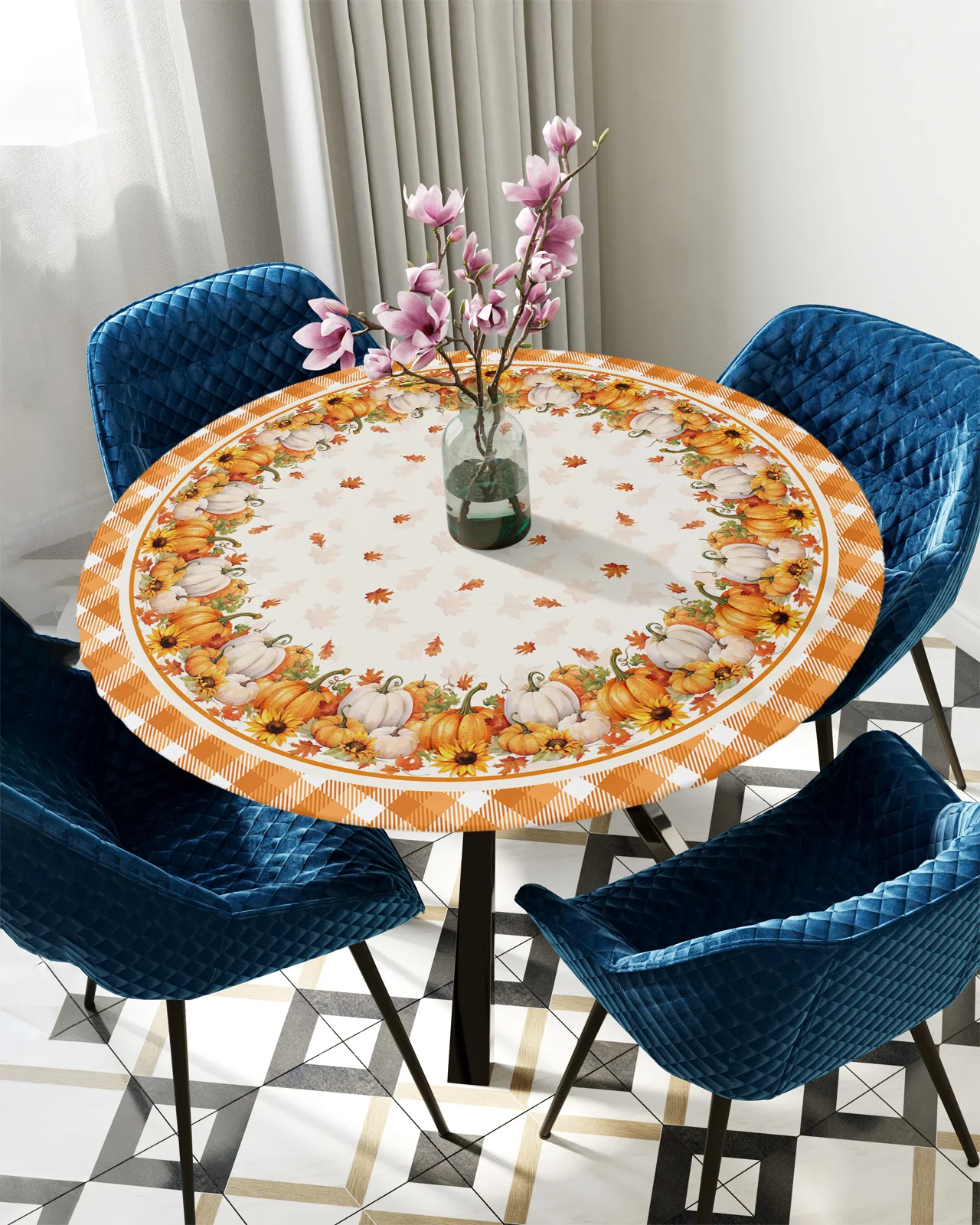 

Thanksgiving Fall Pumpkin Round Table Cover Holiday Party Dinner Table Elastic Tablecloth Kitchen Waterproof Tableclot